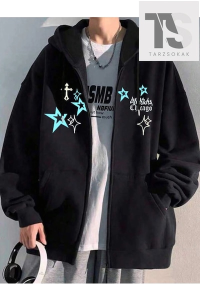 Tarzsokak Chicago Star Sembol Sweatshirt Fermuarlı Hırka Siyah Siyah