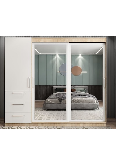 Riva Sürgü Kapaklı Dolap Gardırop Meşe Beyaz 185 Cm