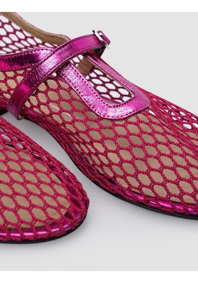 %100 Hakiki Deri Fuşya Fileli Toka Detaylı Kadın Babet-pembe Pembe