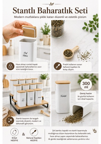 12'li 300 Ml Bambu Stantlı Vakumlu Ahşap Kapaklı Porselen Görünümlü Akrilik Baharatlık Kaşık Etiket Şeffaf