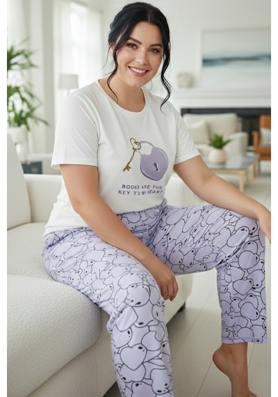 Siyah İnci Desenli Pamuklu Büyük Beden Battal Boy Örme Pijama Takım 26113833 Ekru