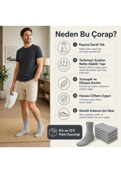 Elitse Erkek Bambu Soket Çorap 6'lı Paket, Dikişsiz Parfümlü Nefes Alan Yumuşak Nem Emici Günlük Uzun Çorap Gri 6'lı