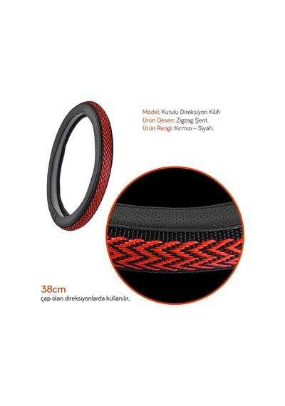 Nyf F-332 Geçmeli Direksiyon Kılıfı Zigzag Kırmızı-siyah Şerit 38 Cm