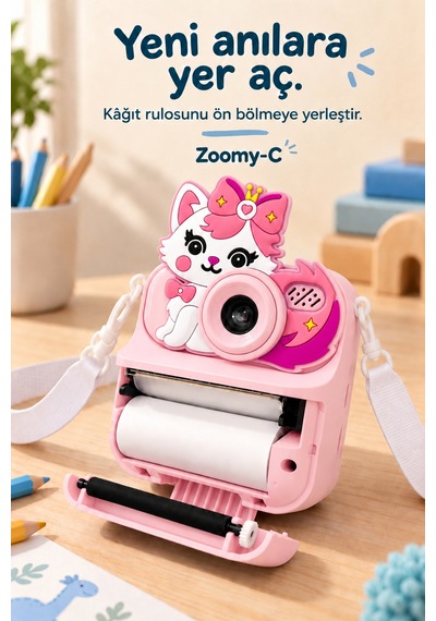 Kj/zm-001 Zoomy-c Kedi Figürlü Anında Baskılı Çocuk Fotoğraf Makinesi, Çift Kamera, 2,4 İnç Ekran, 1080p Video, 3+ Yaş Pembe