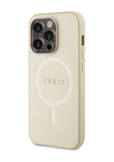 Apple Uyumlu iPhone 15 Pro Kılıf Guess Lisanslı Magsafe Şarj Özellikli Yazı Logolu Saffiano Siyah