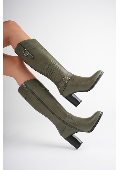 Analin Shoes Kadın Hakiki Deri Körüklü Toka Detaylı Topuklu Çizme Haki
