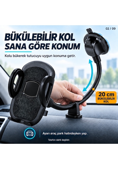 Dexxony Hp-a03 Vantuzlu Araç İçi Telefon Tutucu 20 Cm Bükülebilir Kol Cam Ve Torpido Destek Ayaklı Centilmen Siyah