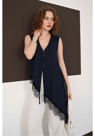 Verymoda Sıfır Kol Etek Ucu Dantel V Yaka Bluz D2993 Lacivert
