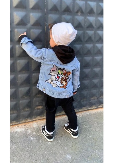 Berfonzo Kids Erkek Çocuk Tom Jerry Nakış Detay Kot Ceker Mavi