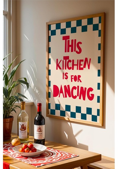 Ahşap Çerçeveli This Kitchen Is For Dancing Poster Eğlenceli Mutfak Duvar Dekoru Kırmızı 30 X 40