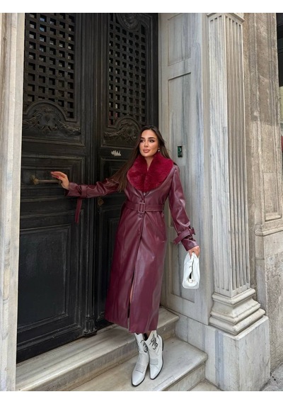 Duygudan Kemerli, Kürk Detaylı Uzun Deri Kadın Kaban - Bordo