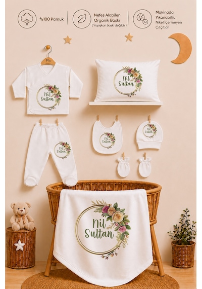 Pia Baby Kişiye Özel İsimli Kız Bebek Hastane Çıkış Seti 11 Parça %100 Pamuk 1094110x Ekru