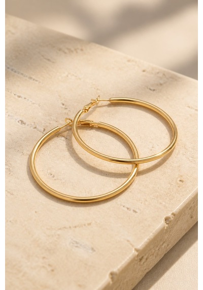 Gold Renk 46 Mm Düz Çelik Klasik Halka Küpe - Minimalist Klipsli Halka Küpe