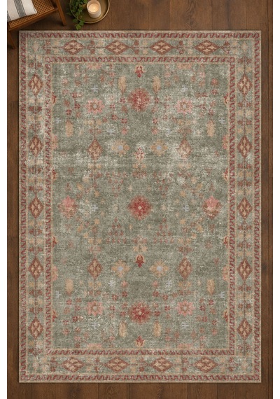 Artloop İstanbul Yeşil Eskitme Otantik Desenli Vintage Dokuma Tabanlı Şönil Halı Al 658