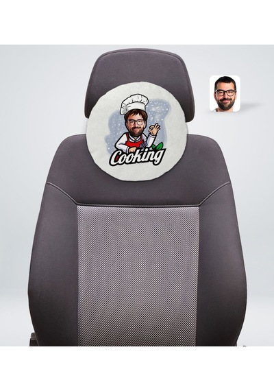 Bk Gift Kişiye Özel Erkek Chef Karikatürlü Yuvarlak Araç Koltuk Yastığı-14 Beyaz