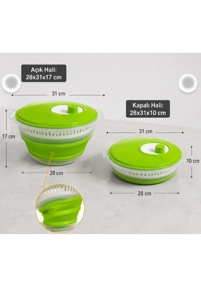 Solingen Katlanabilir Silikon Salata Kurutucu Yeşil 4.5 Lt Çok Renkli