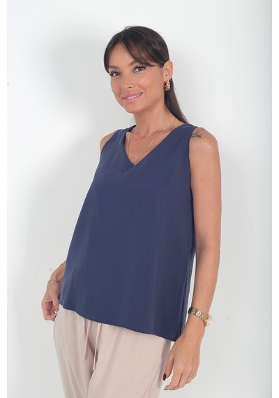 By Saygı Kadın V Yaka Pervazlı İtalyan Cotton Lyocell Bluz Lacivert