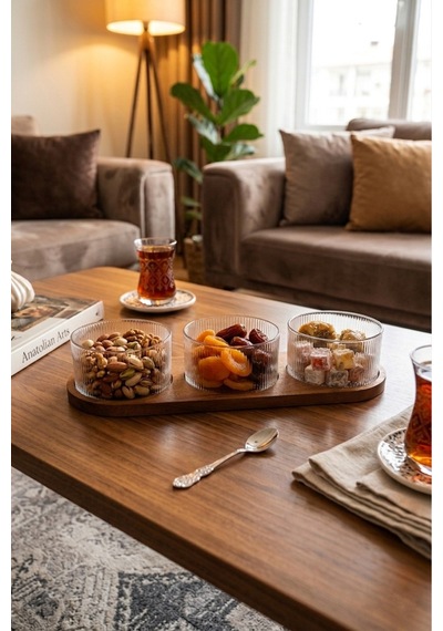 Akasya Ahşap Standlı Çizgili Cam Kase 3'lü İkramlık Ve Çerezlik Seti Şeffaf Şeffaf