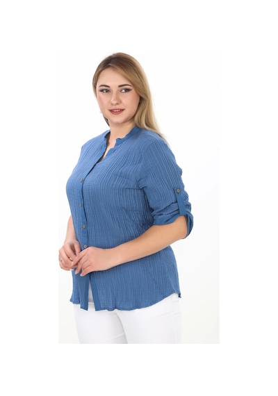 Lady Majestic %100 Cotton Hakim Yaka Büyük Beden Kadın Müslim Kumaş Gömlek Mavi