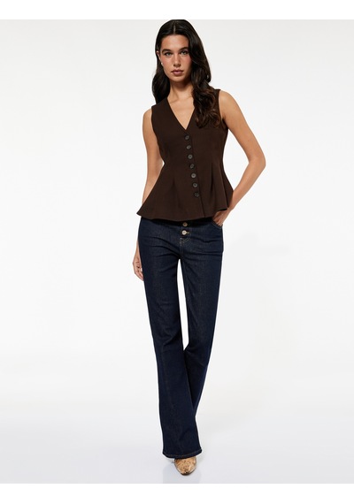 Koton Koton X Sibil Çetinkaya - Düğmeli V Yaka Peplum Blazer Yelek Kahverengi 6wak20027pw Kahve