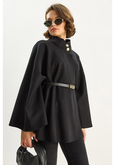 Shade Kadın Gold Düğme Detaylı Dik Yaka Kemerli Panço 60282033 - Siyah
