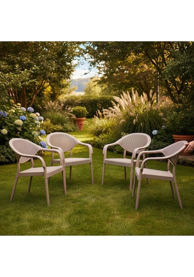 4 Adet Bambu Plastik Rattan Bahçe Balkon Teras Sandalyesi Gizli Metal Profil Ayaklı Kollu Sandalye Krem