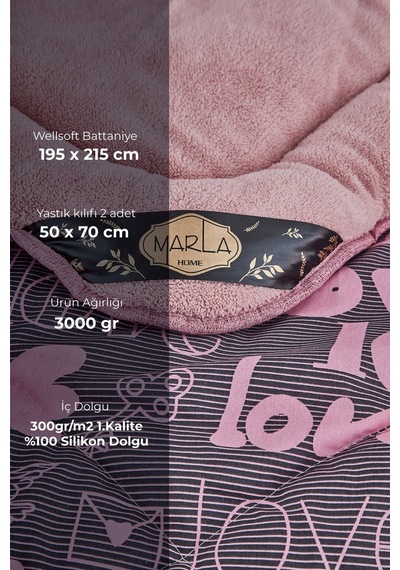 Love Pembe Desenli Çift Kişilik Çift Taraflı Wellsoft Yorgan Seti - Pembe - 195x215
