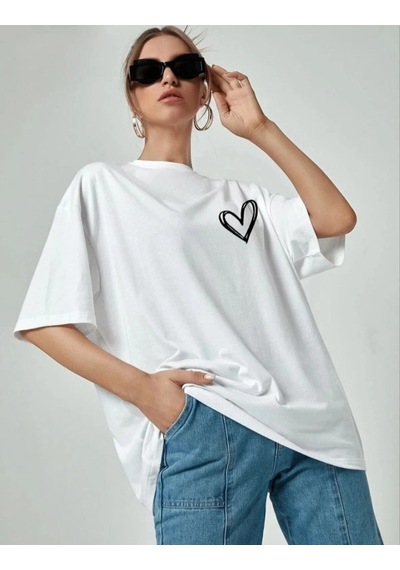 Primemagazam Kadın Tişört Bisiklet Yaka Baskılı Oversize T-shirt - Beyaz Çeşitli
