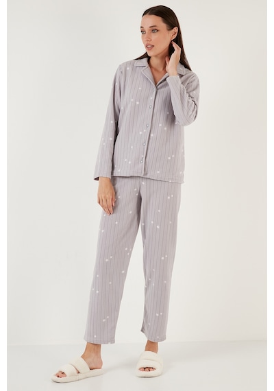 Lela Regular Fit Gömlek Yaka Önden Düğmeli Polar Bayan Pijama Takımı 6571009W4 Gri