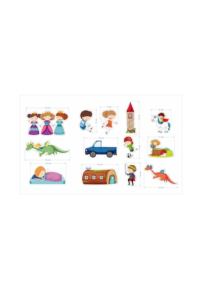 Masal Dünyası Çocuk Odası Duvar Sticker Seti Prenses, Ejderha Ve Peri Figürlü Pvc Folyo Etiket Çok Renkli