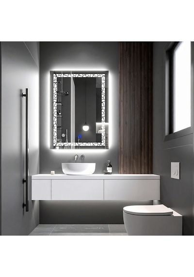 Gleamira Vertical Beyaz Led'li Lazer Kumlamalı Lavabo & Banyo Aynası Dokunmatik Sensörlü 100 X 75 Cm