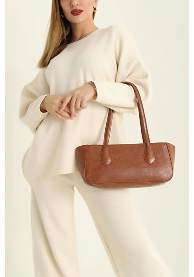Lovelystore Kırışık Dokulu Fermuarlı Baget Kadın El Kol Ve Omuz Çantası 33x15 Taba