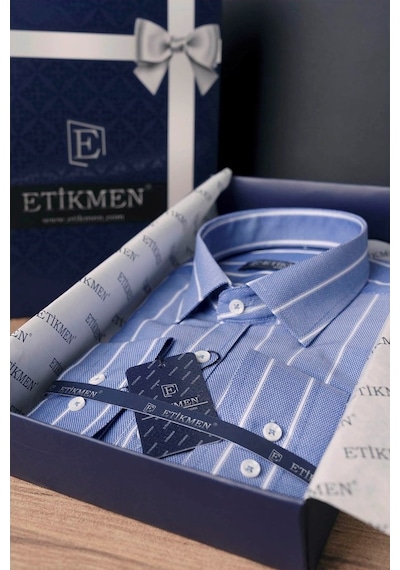 Erkek Mavi Beyaz Çizgili Slimfit Kutulu Gömlek Mavi