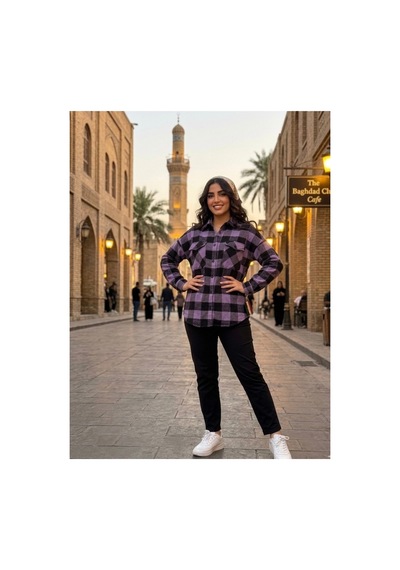 Polologin Butik Mor Ve Siyah Kareli Oversize Oduncu Gömlek Çift Cepli Pamuklu Doku Mor