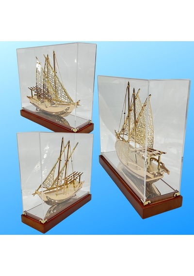 Pirinç Yelkenli Gemi Altın Kaplama Katar Dhow Teknesi Kutulu 29cm No.1