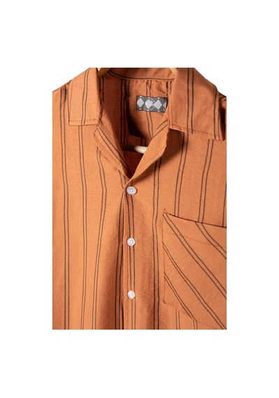 Erkek Kiremit Uzun Kollu Cepli Pamuk Slim Fit Çizgili Yazlık Gömlek Kiremit