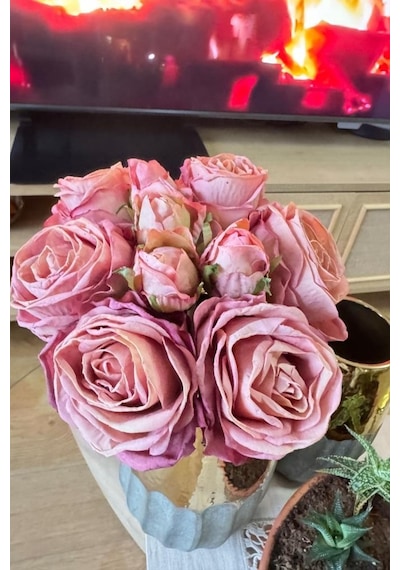 Yapay Çiçek Kuru Gül Pembe Gül Kurusu Renk 6çiçek 4tomurcuk 10lu Demet Gelin Çiçeği Buketi
