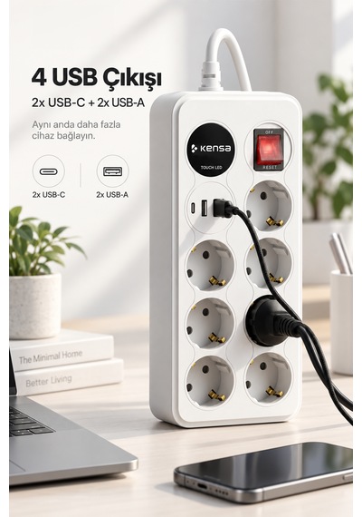 Akım Korumalı Priz 7'li + 2x Usb-a + 2x Usb-c 2 Metre Kablo 0 - 2 M