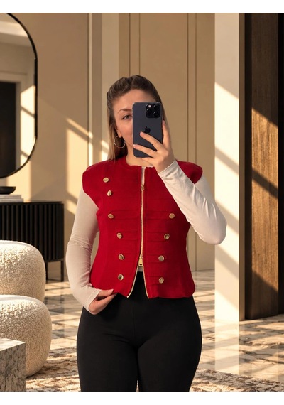 Elora Atelier Pankou Çin Düğme Detaylı Kırmızı Triko Yelek Kırmzı