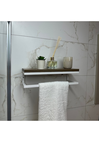 lyla concept Fulya Banyo Ahşap Raflı Beyaz Metal Havlu, Şal Askılık Ceviz Raf Beyaz