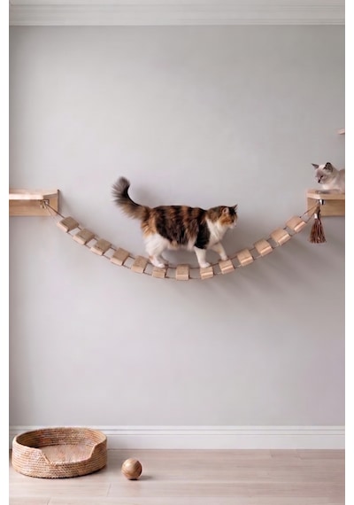 Ahşap Kedi Tırmanma Merdiveni Ve Duvar Köprüsü - Jüt İpli, 13 Basamak, 150 Cm