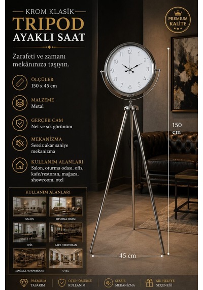 Krom Klasik Tripod 150 X 45 Cm Metal Ayaklı Saat