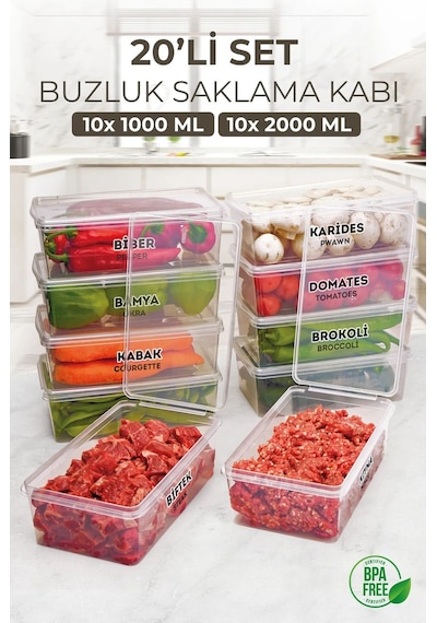 Kitchen Life 20 Adet Kapaklı Derin Dondurucu Difriz Saklama Kabı - Buzdolabı Düzenleyici 10 x (1000ml) 10 x (2000ml) Şeffaf