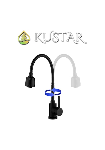 Kustar 2 Fonksiyonlu Spiralli 360 Derece Döner Borulu Tam Siyah Asur Mutfak Eviye Bataryası