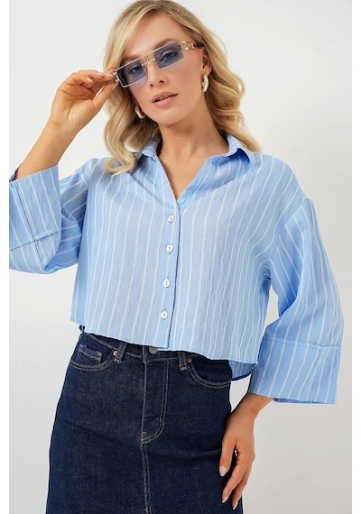 Defymoda Çizgili Oversize Kısa Gömlek 20326 - Mavi Mavi