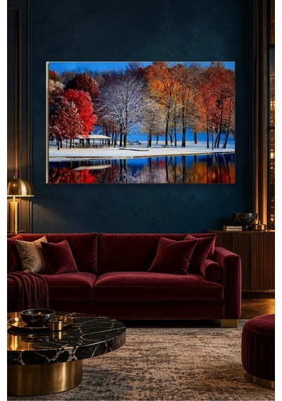Fida Karla Örtülü Göl Kıyısında Kızıl Ağaçlar Canvas Tablo Çok Renkli