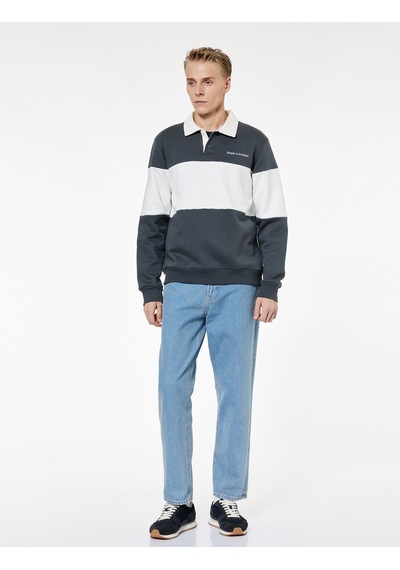 Koton Renk Bloklu Nakışlı Polo Yaka Uzun Kollu Sweatshirt Antrasit 7wam70026mk
