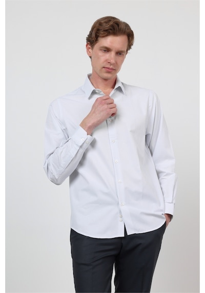 İmza Beyaz - Mavi Sert Yaka Uzun Kol Cepsiz Slim Fit Pamuklu Gömlek 1004260210