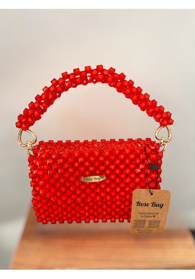 Rose Bag Kırmızı Boncuk Çanta Şık Kadın El Çantası