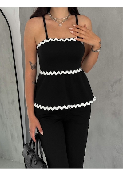 Hgfashion Kadın Biye Detaylı Bluz Pantolon Alt Üst Takım Siyah Renk Siyah